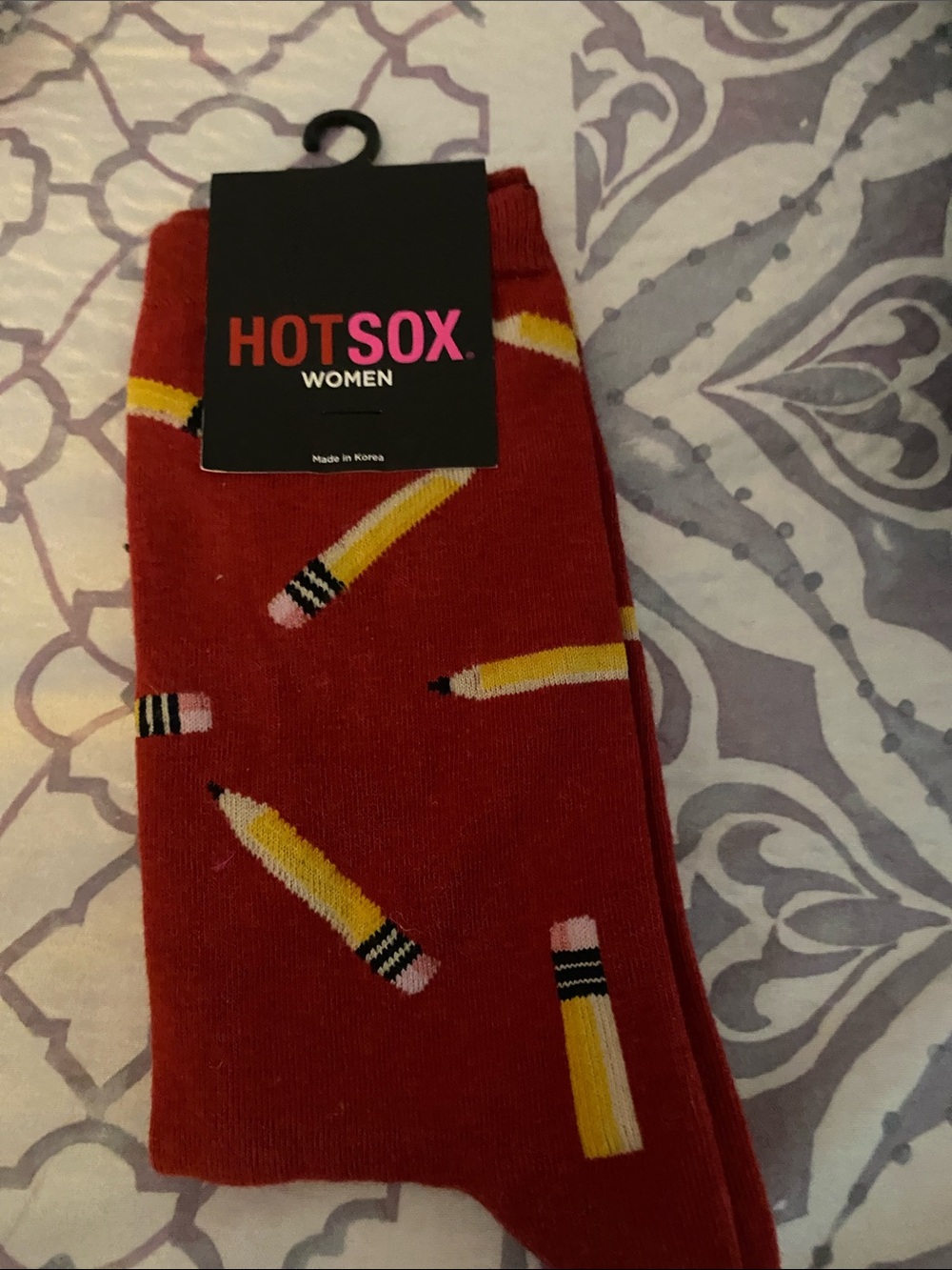Hot Sox Red Socks with Yellow Pencil Print